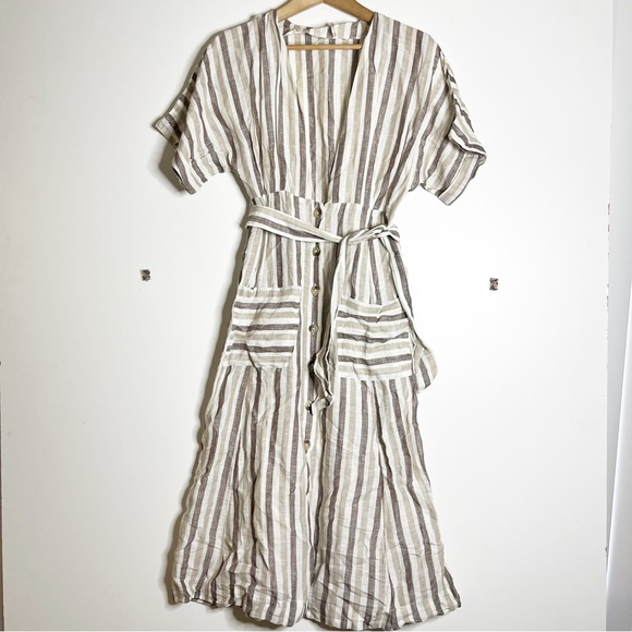 Free People linen Monday striped tie waist midi dress - Picture 3 of 8